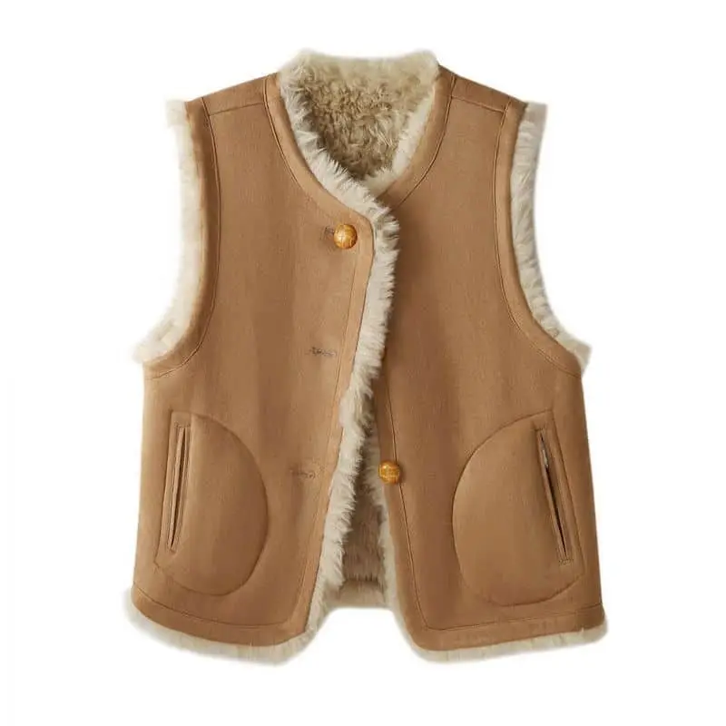 

Флисовые жилеты двусторонние, с круглым вырезом, из замши и плюша, безрукавки, кардиганы, оверсайз, зимние куртки, повседневные женские топы