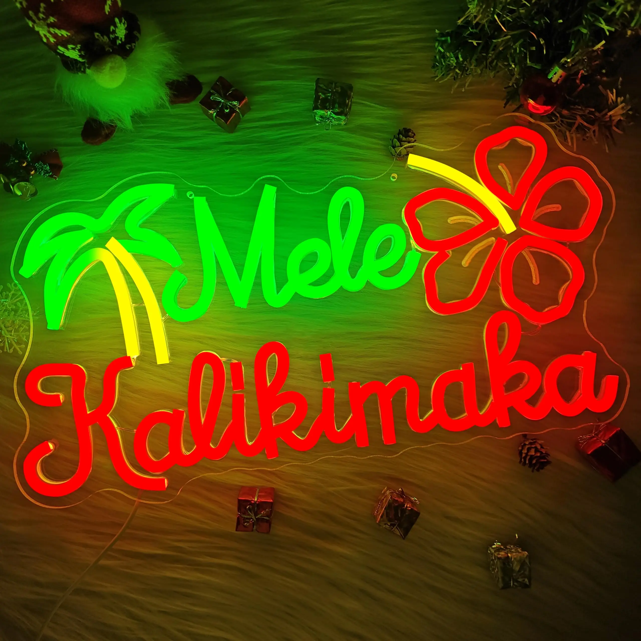 

Mele Kalikimaka неоновая вывеска с регулируемой яркостью Гавайская вывеска с Рождеством неоновый настенный декор для рождественской вечеринки цветы гибискуса
