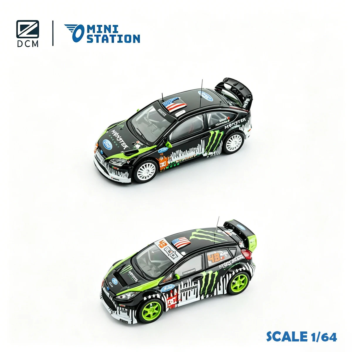 DCM × Mini Station 1:64 Set de Rally Ken Block Ford Focus/Fiesta con Diseño Temático de Bebida Energética, Coche de Metal Fundido a Presión, En Stock