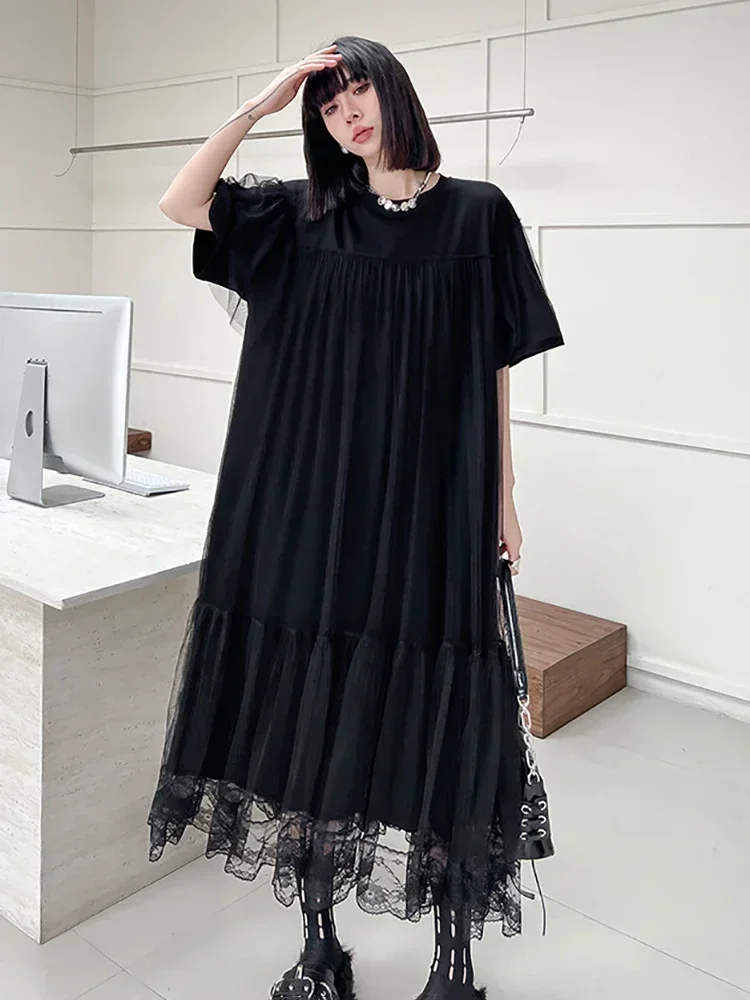 

XITAO Black Mesh Patchwork Dress Slimming Elegant Temperament O-neck Loose Casual Fashion New Female A-line Dress LYD1856