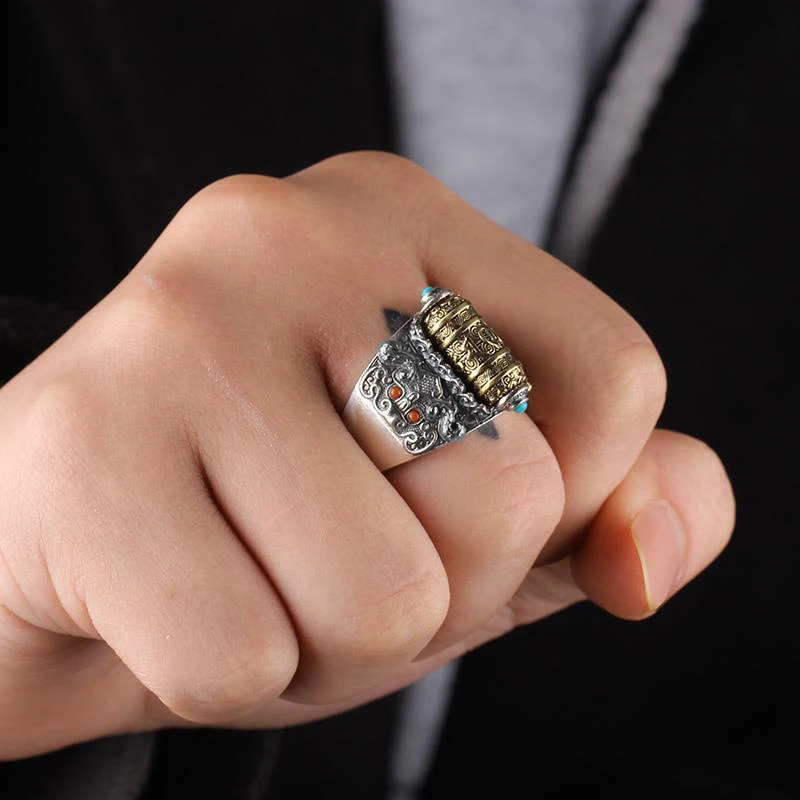 HX Silver Color Lucky Charm Ring Men Trendy Personality Vintage Unmarried Ring Rotatable Luck Party Collocation Send Jewelry