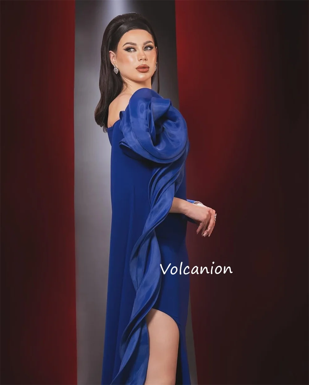 تخصيص جيرسي اليدوية زهرة خارج على الكتف فساتين طويلة غير متناظرة مناسبة مخصصة أزياء أنيقة مطابقة