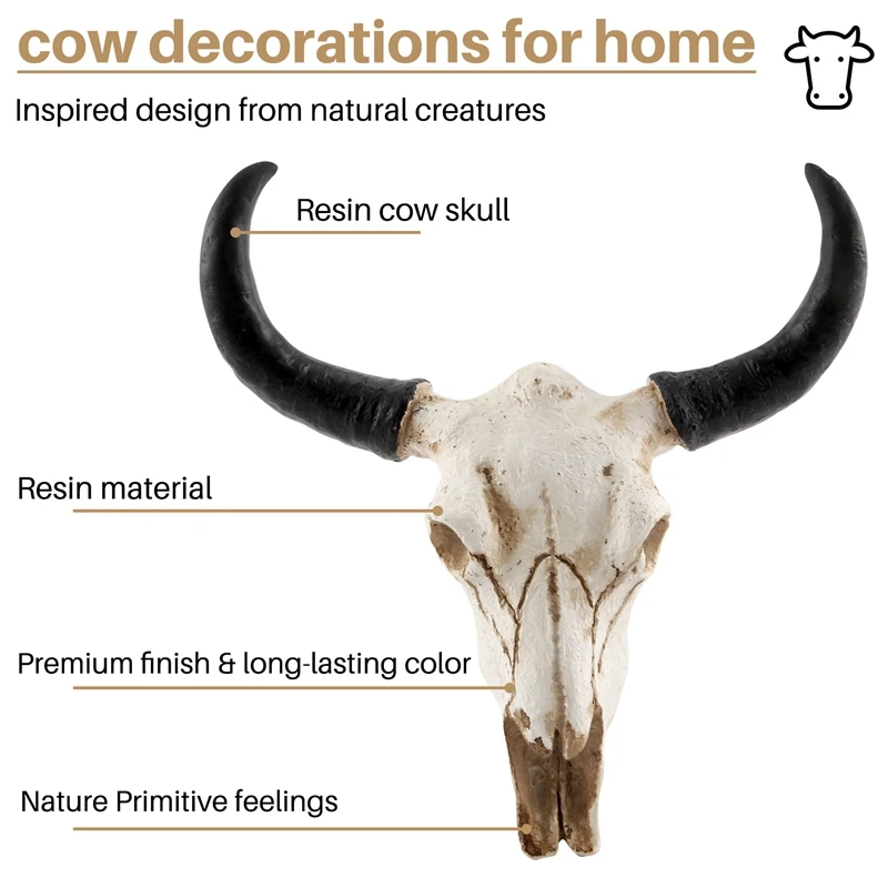 Resin Longhorn Cow Skull Head Wall Hanging Decor 3D Animal Wildlife Sculpture Figurines Crafts Horns For Home Halloween Decor