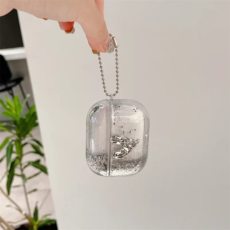 Silver Quicksand Heart Case for AirPods 4 Airpod 1 2 3 Pro Pro2 Bluetooth Earbuds Charging Box Protective Earphone Case Cover