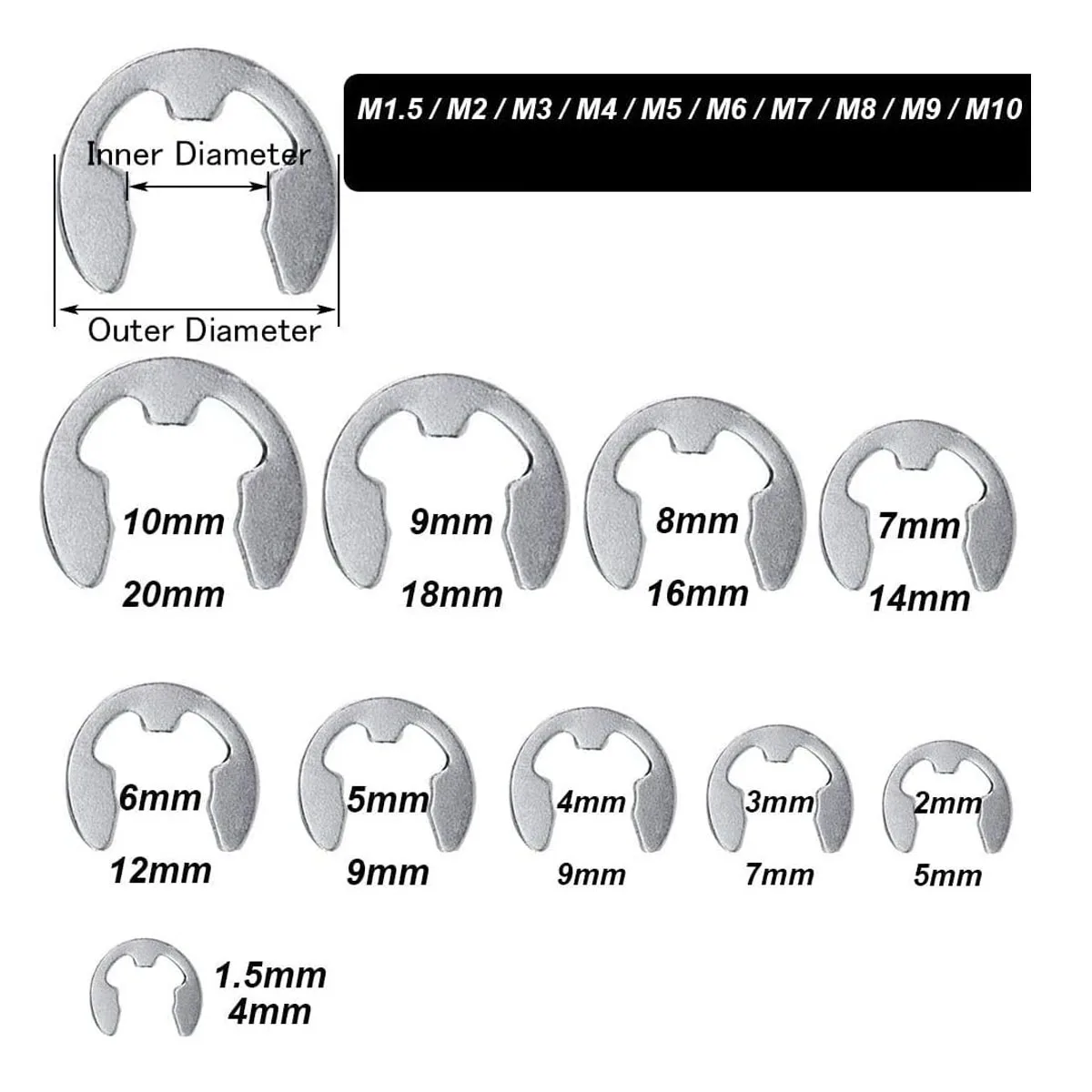 120/240Pc 304 Stainless Steel E-Clip Retaining Snap Opening Ring Circlip Kit 10 Size M1.5/2 /3/4/5/6/7/8/9/10mm with Plastic Box