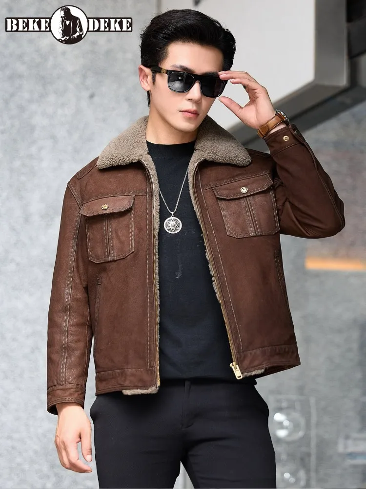 Winter Men Real Goatskin Wool Collar Warm Down Jacket Business Casual Work Genuine Leather Jacket Thick Warm Motorcycle Overcoat