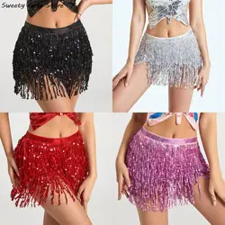 Women Latin Belly Dance Skirt Performance Sequin Belts Indian Practice Hip Skirts Shiny Tassel Bohemian Chain Party Clubwear