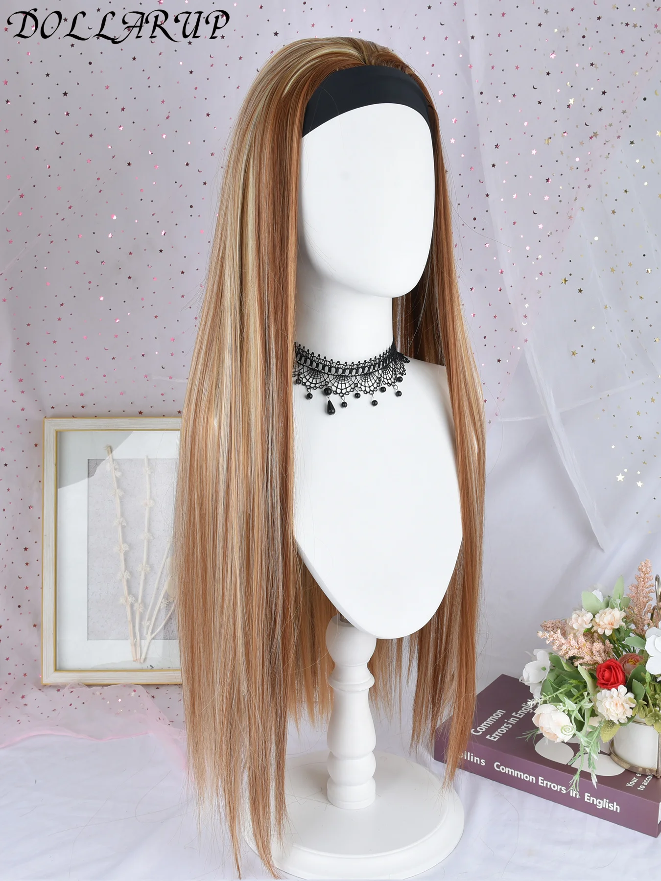 Pelucas de diadema con reflejos negros y marrones de síntesis para mujeres negras, pelo largo y liso con cuerpo de 32 "con diadema adjunta de aspecto Natural