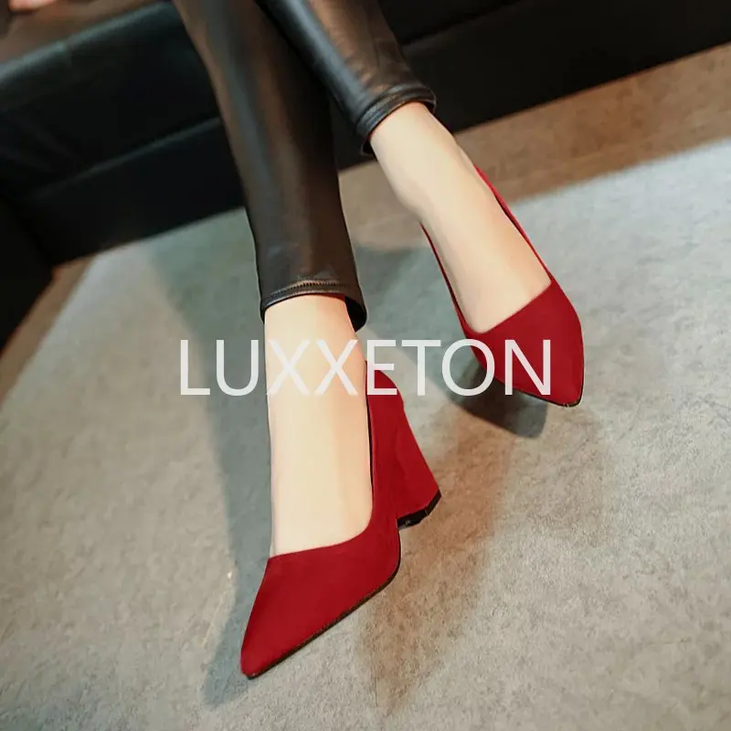 Women High Heels Summer New Fashion Light Solid Color Suede Red High Heels Fashion Versatile Wear Resistant Pointed Toe Women