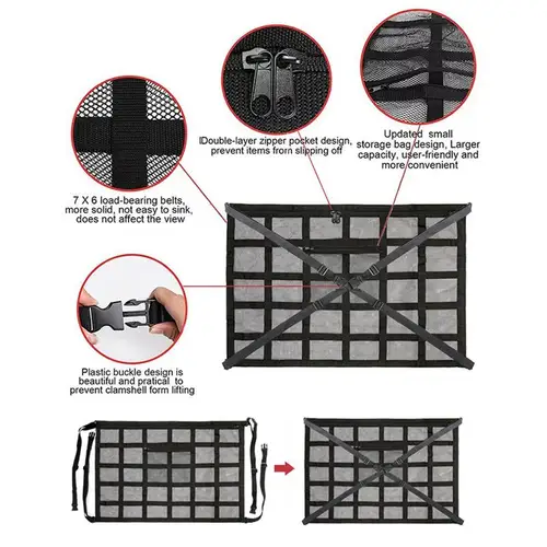 Imagen 2 del producto Red de carga para techo de coche, red de carga para techo de coche, ahorro de espacio, almacenamiento de maletero de coche, organizador de bolsillo, bolsa de artículos diversos, red de carga para techo de coche