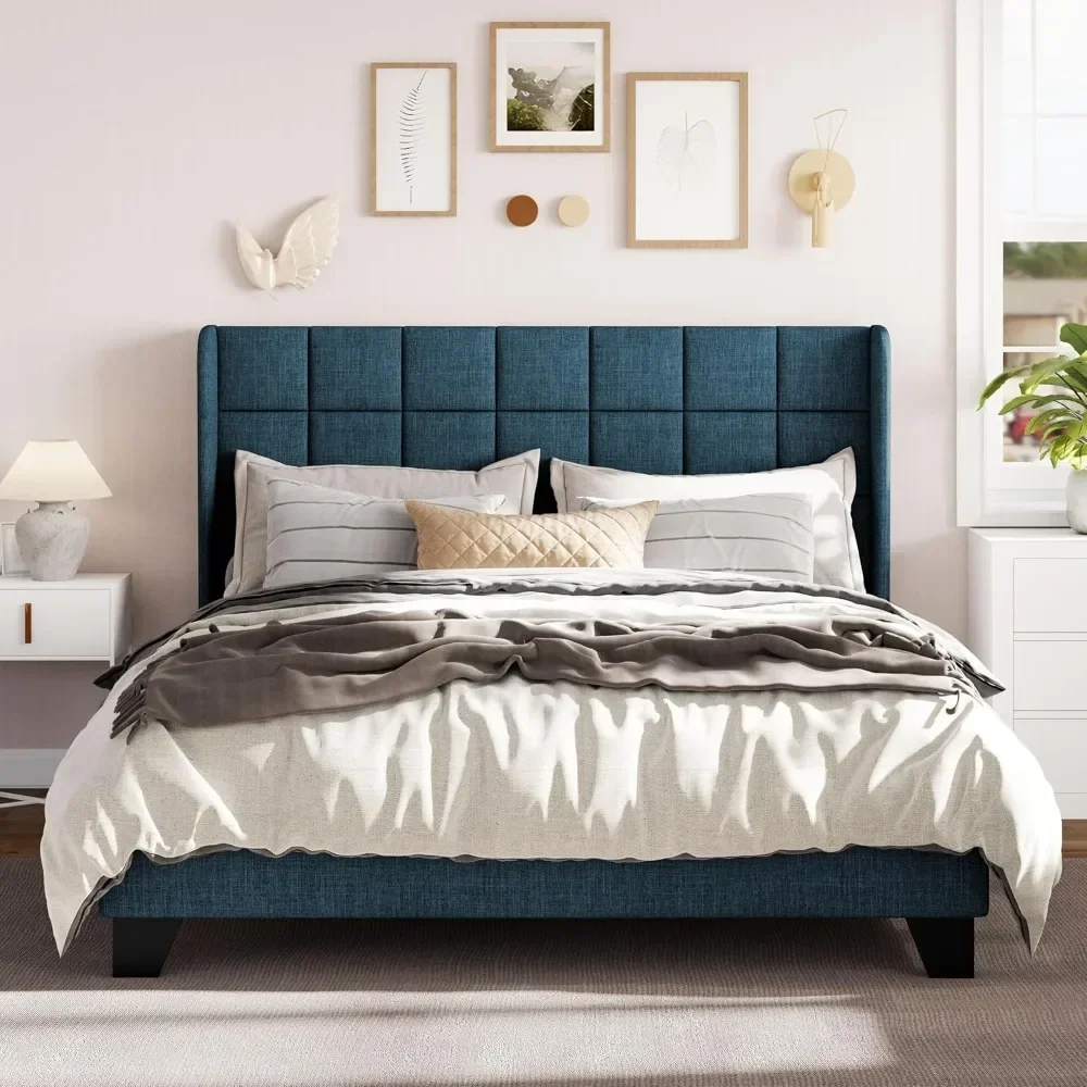 

Queen Size Platform Bed Frame with Wingback, Fabric Upholstered Square Stitched Headboard and Wooden Slats, Mattress Foundation