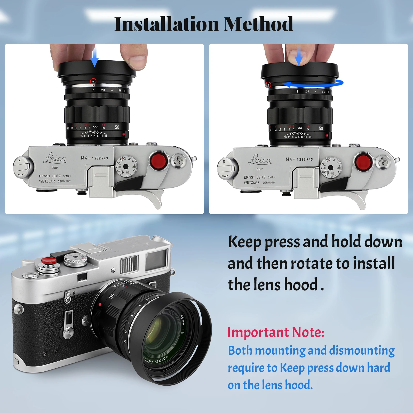 Paraluce rotondo in metallo a baionetta Haoge per obiettivo Voigtlander APO-LANTHAR 35mm F2 VM, obiettivo APO-LANTHAR 50mm F2 VM nero