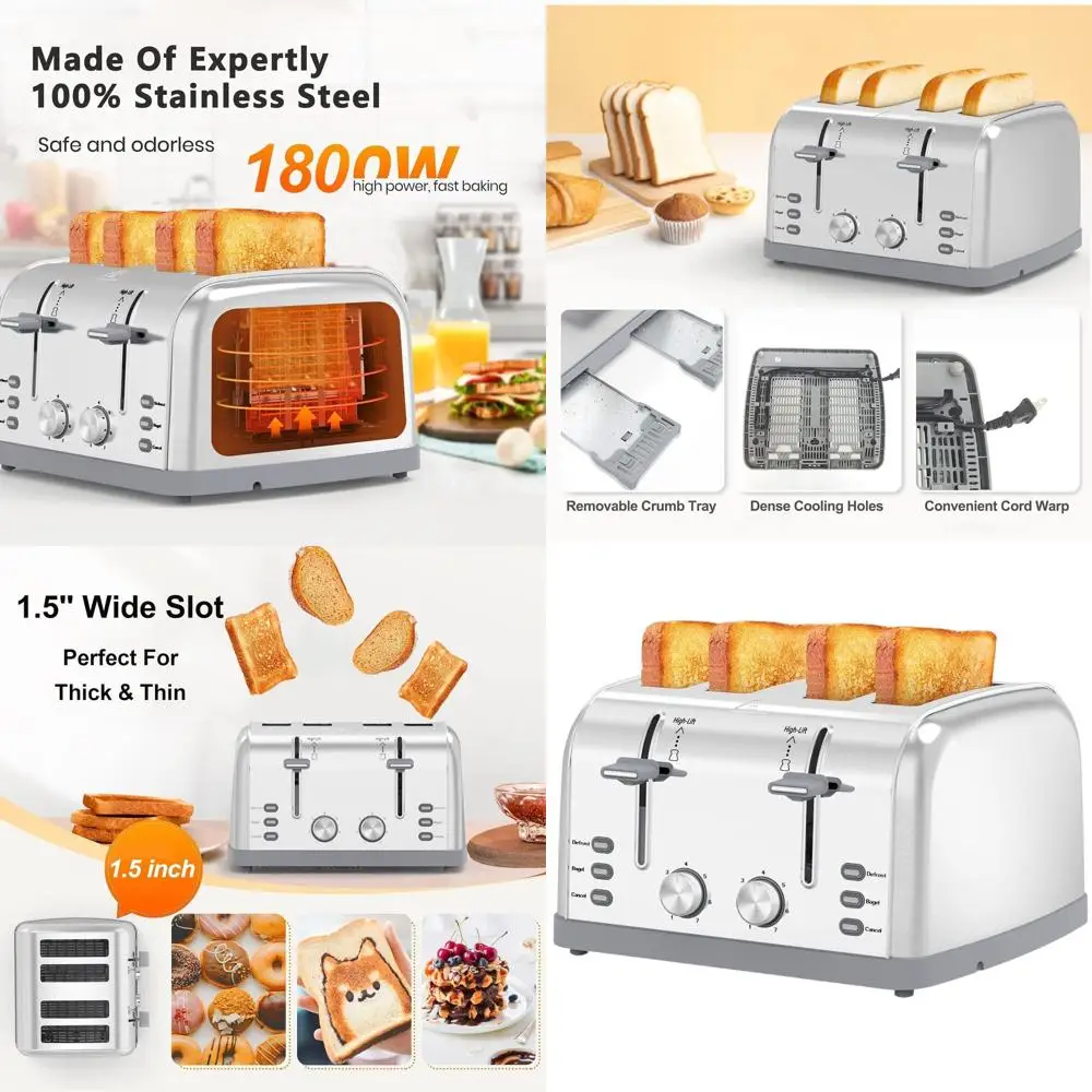 

Vintage-Style 4-Slice Toaster with 7 Toasting Levels, Ideal for Waffles, Bagels, and More