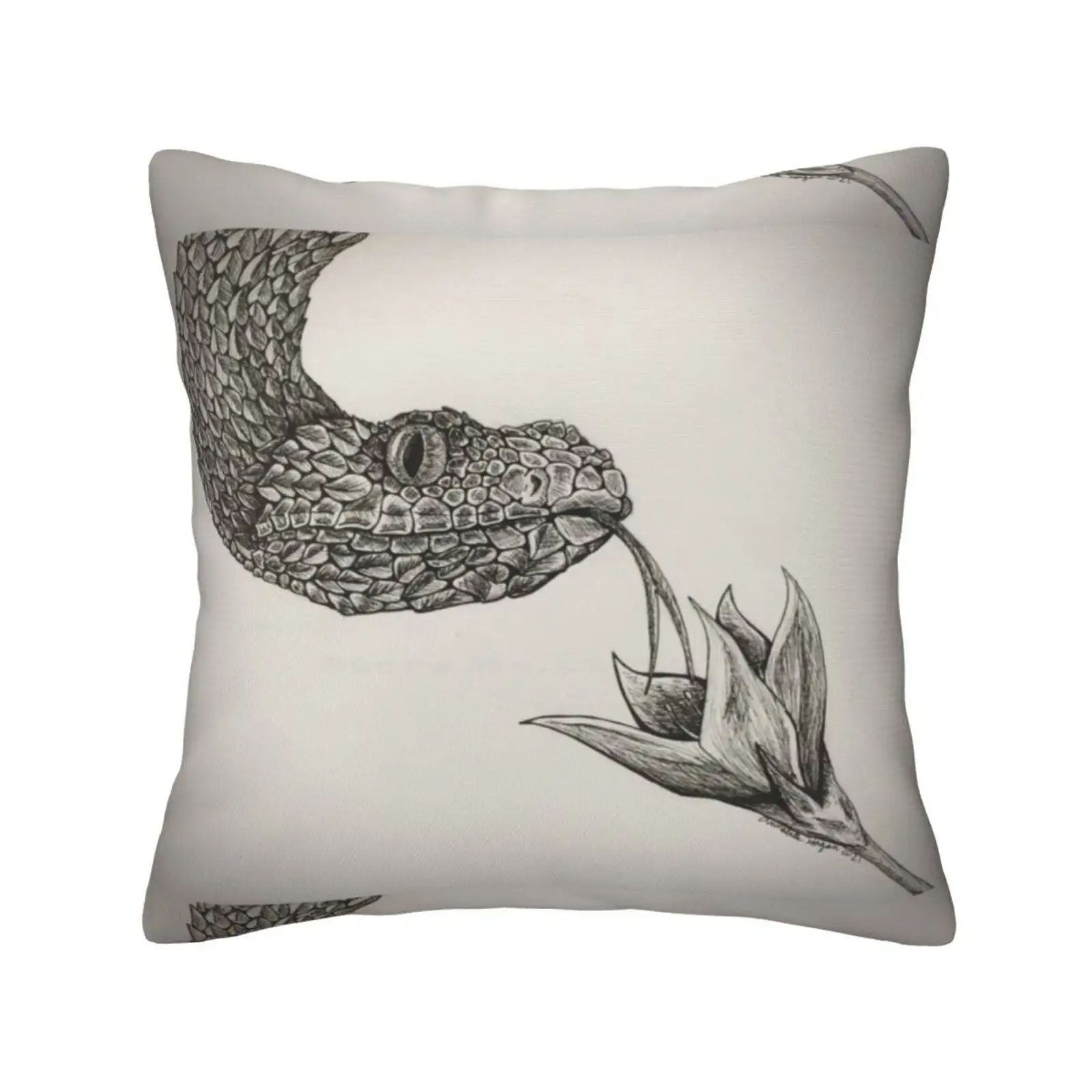 Snake With Flower Funny Cute Decor Square Pillowcase Snake Drawing Snake With Flower Pen And Ink Snake Snake Flower Green Bush