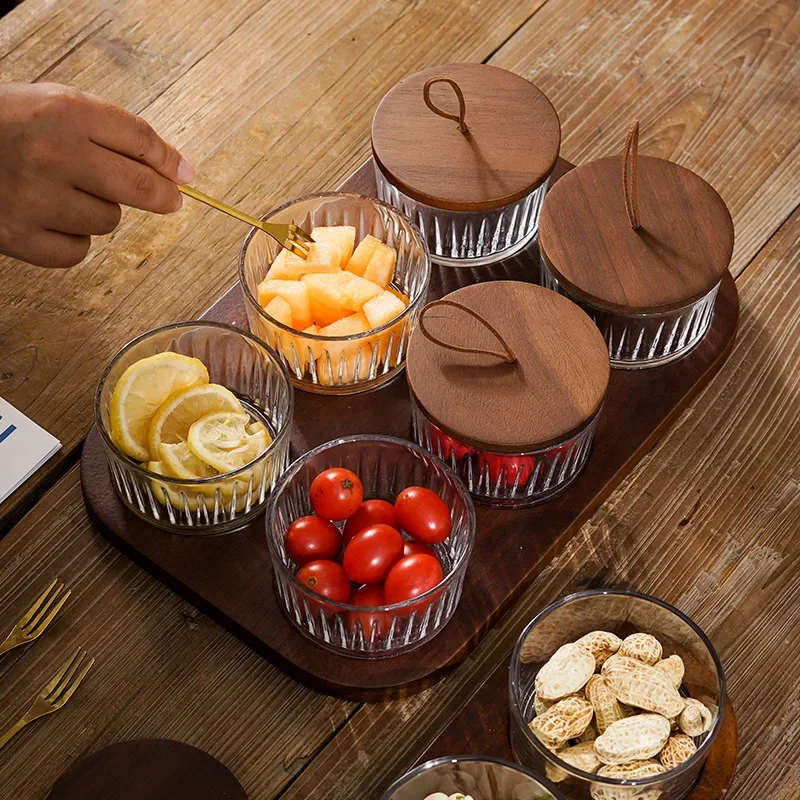 New Light Luxury Fruit Plate Household Snack Display Plate Living Room Partition Fruit Plate Glass Bowl Dessert Wooden Tray