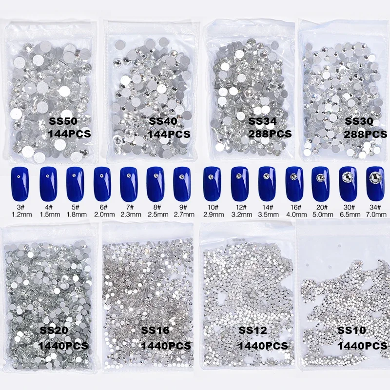 Bobohoo High Quality Glitter Gems SS3-SS50 Flatback Stones Clear Crystal Non Hotfix Rhinestones Nail Art Decoration Rhinestones