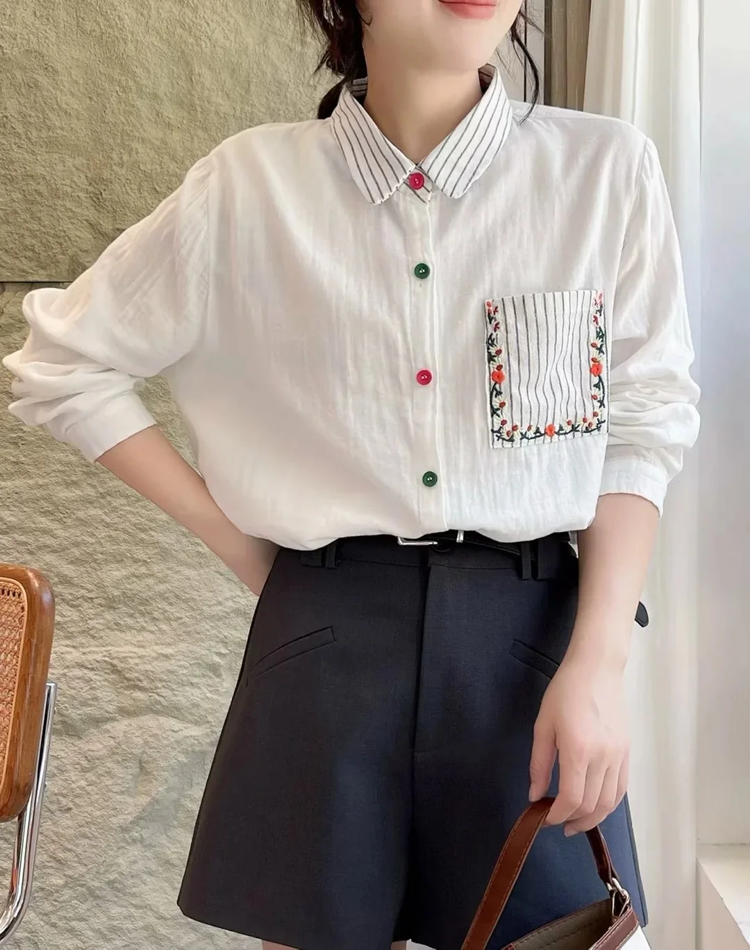 100% Katoenen Garen Shirts En Blouses Mori Meisje Herfst Winter Japan Stijl Lange Mouw Zak Patch Shirts Dames Elegante Blouse