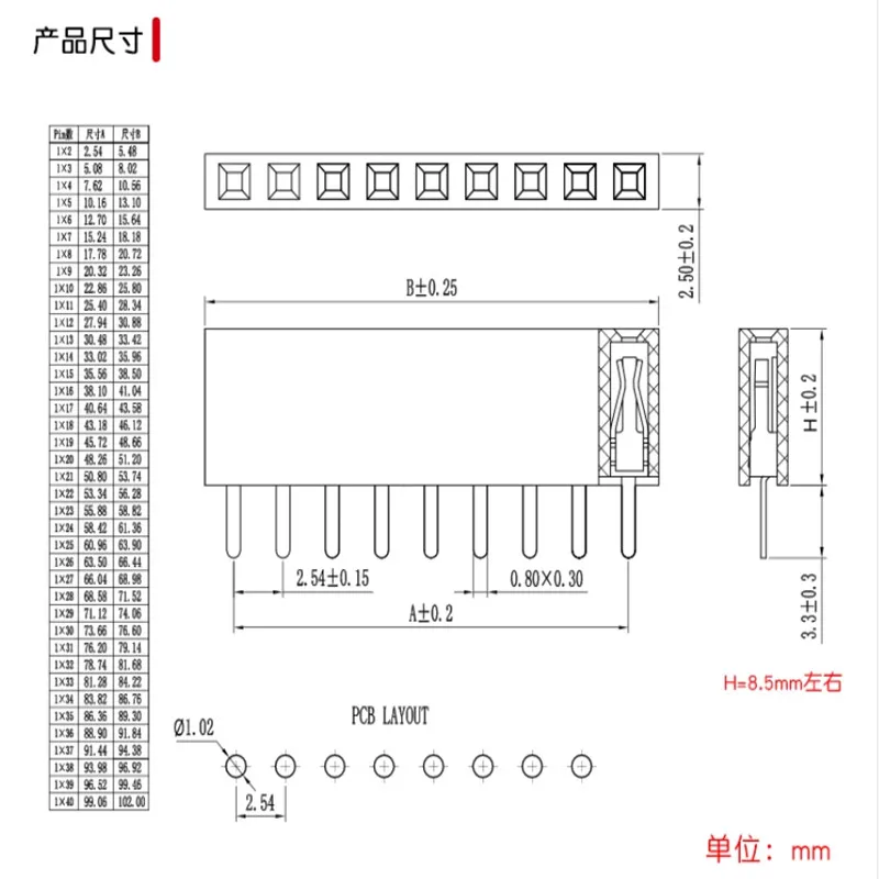 Lot de douilles 600 broches à une rangée, espacement de 2.54mm, 1 x, droites, 10 pièces