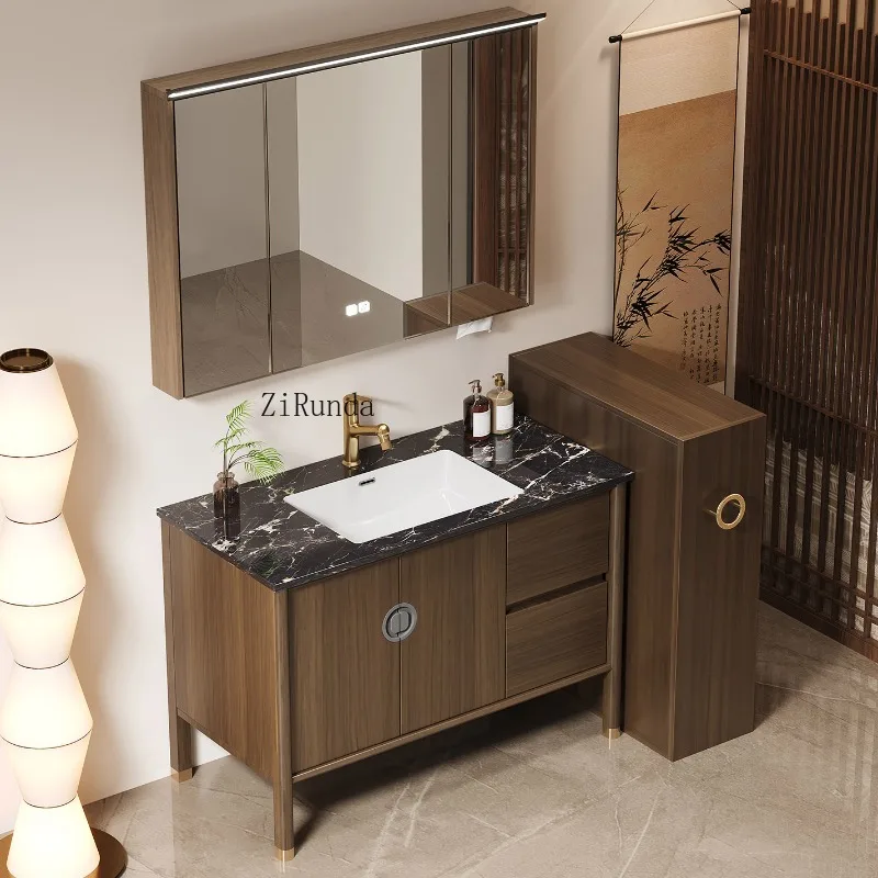 New Chinese luxury stone ceramic seamless basin double basin floor large size bathroom cabinet view 3