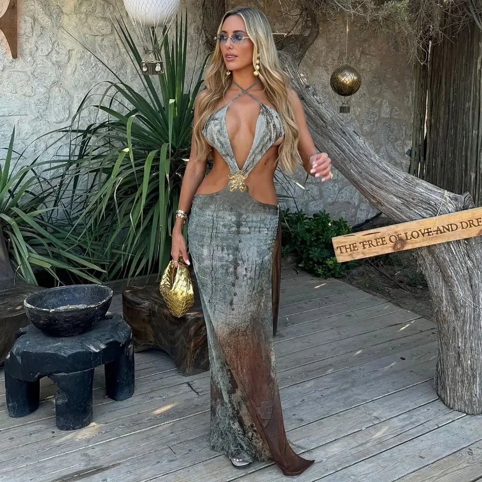 Sexy Waist Cut Out Long Dress Women Fashion Halter Backless Slim Holiday Party Dresses Fashion Print High Split Beach Dress 2025