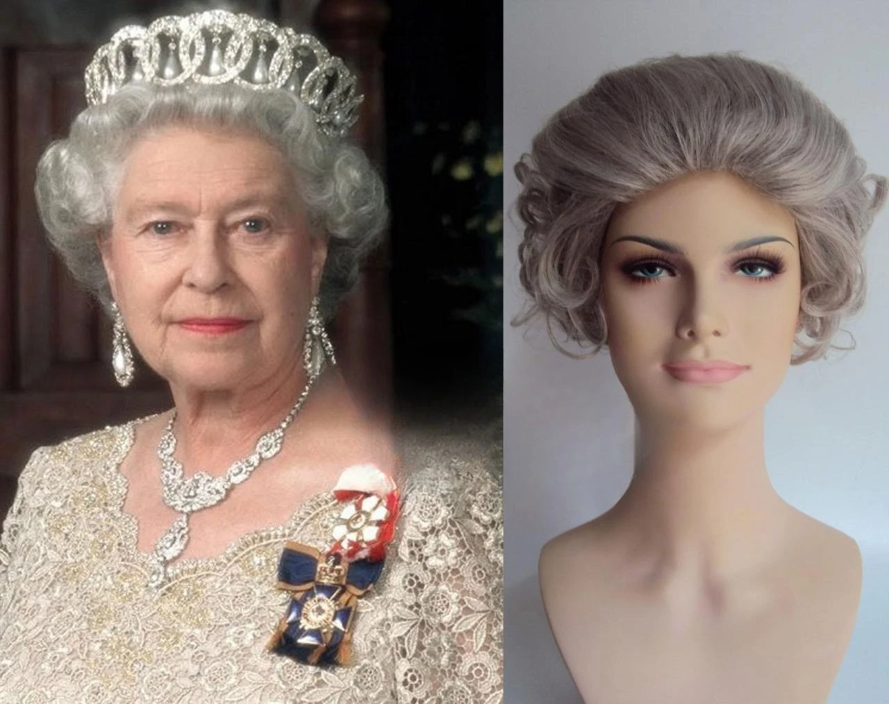 DELUXE QUEEN ELIZABETH II GREY OLD LADY GRANNY GRANDMA SHORT CURLY COSTUME WIG