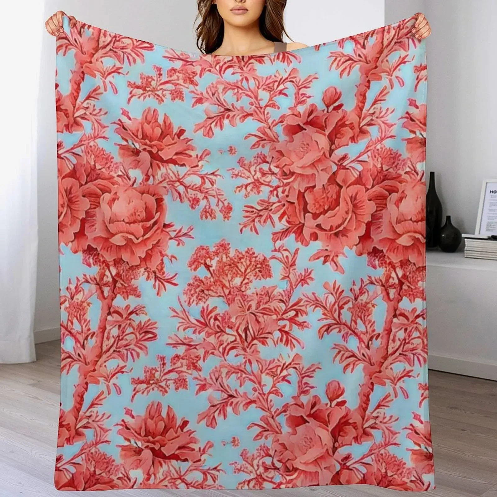 

Coral flowers on sky blue toile Throw Blanket Plaid Custom Blankets