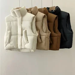 Casual Zwart Veelzijdig Damesvest Katoenen Jack Herfst Winter Korte Hoge Taille Vest Koreaanse Stijl Opstaande Kraag Slim Fit Top