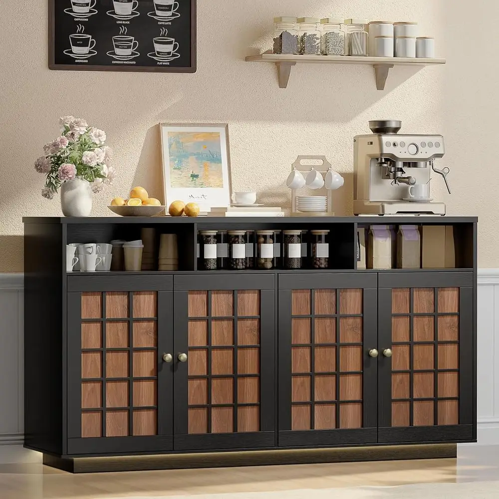 Sideoard uet Cainet witCarging Station & Led, 55'' Coee ar Cainet w/ Grid Design & Color locking, -Century ern Sideoard Cainet w