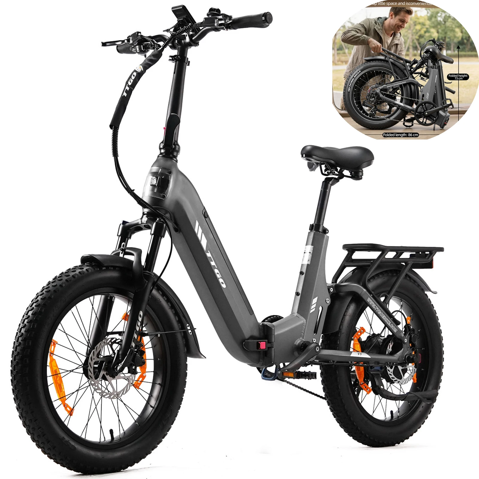 Elektrofahrrad für Erwachsene, 20"×3,0" Fat Tire Klapp-E-Bike, 48V 15Ah herausnehmbarer Akku, 250W Motor, hydraulische Scheibenbremse, Federgabel, 150 kg Tragfähigkeit