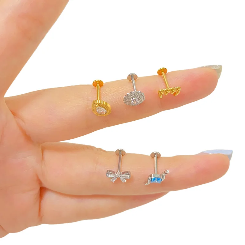 ASTM F136 Titanium Ear Lip Studs with CZ Paved Top
