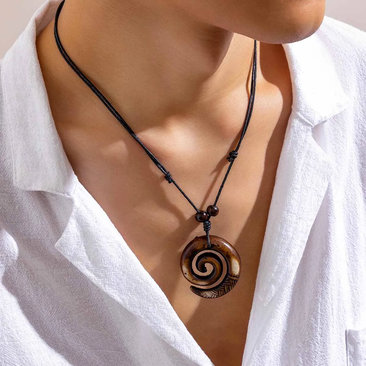 KunJoe Ethnic Metal Spiral Pendant Necklace for Men Retro Wood Beads Wax Thread Adjustable Long Rope Necklace Party Gift