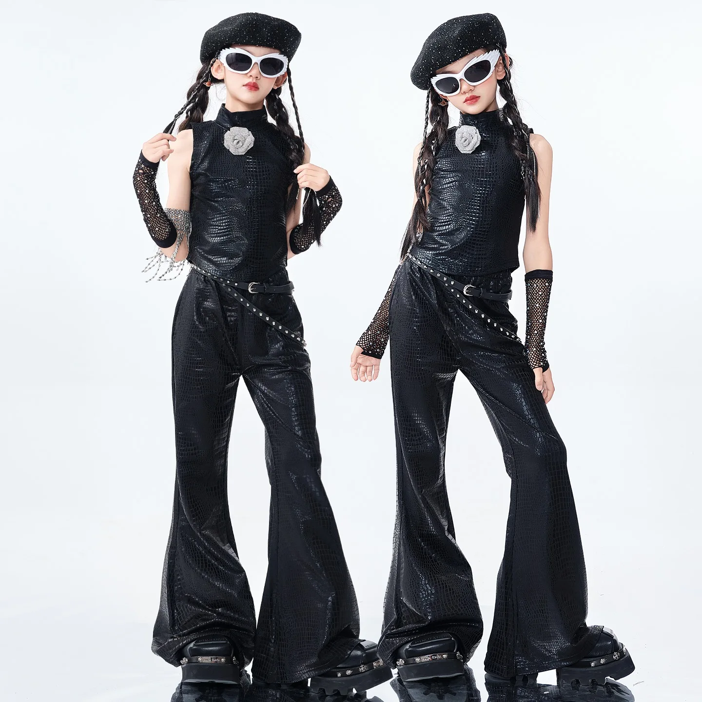 

Детская одежда для выступлений на сцене Kpop, кожаный костюм для джазовых танцев для девочек, детская крутая одежда в стиле хип-хоп, уличная одежда SL13480