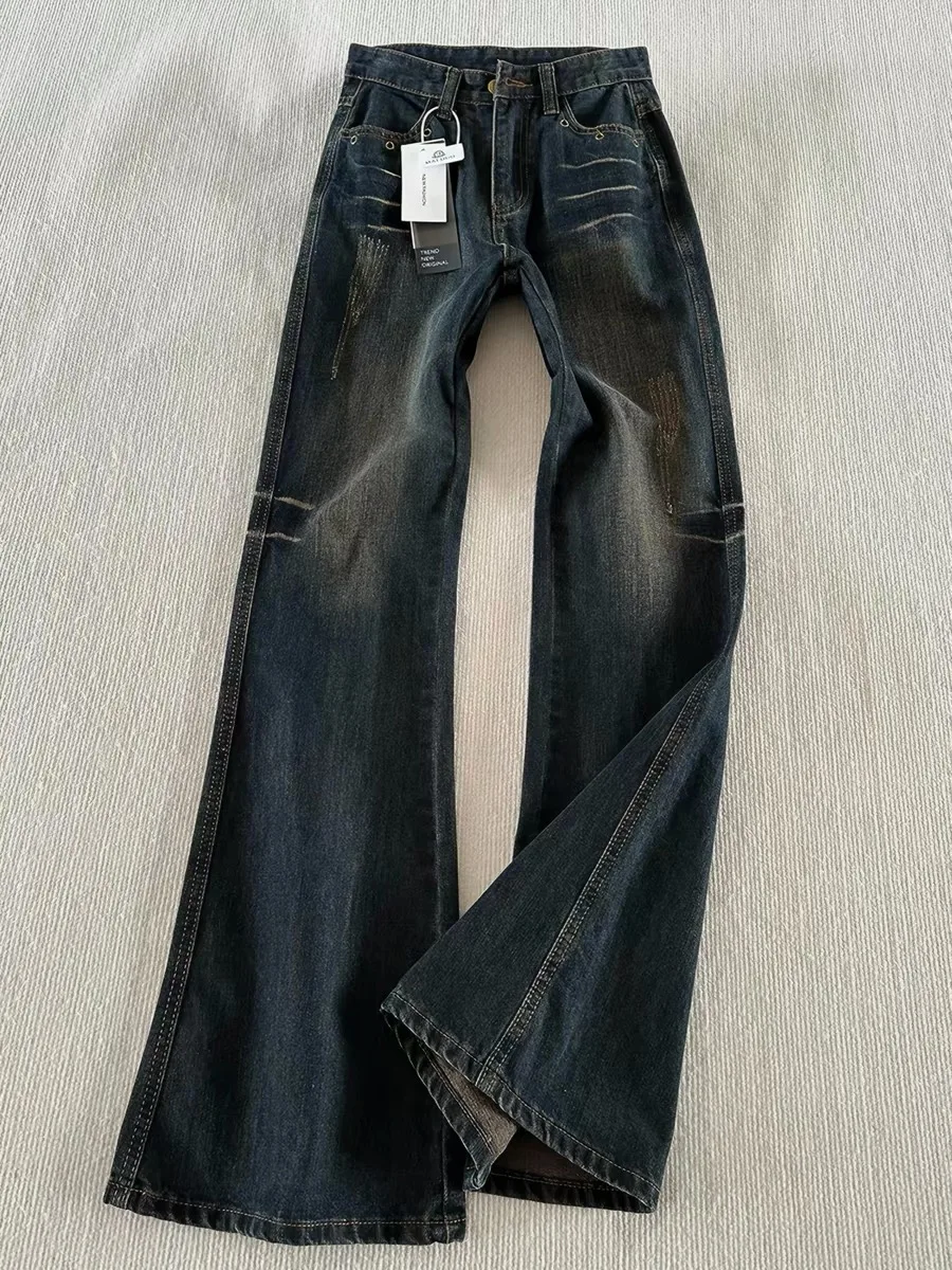 

Retro American Waed Blue ey Scratch Denim Jeans Women's Spring 2026 High Street Vibe Casual Flared Pants Loose Fit Jeans