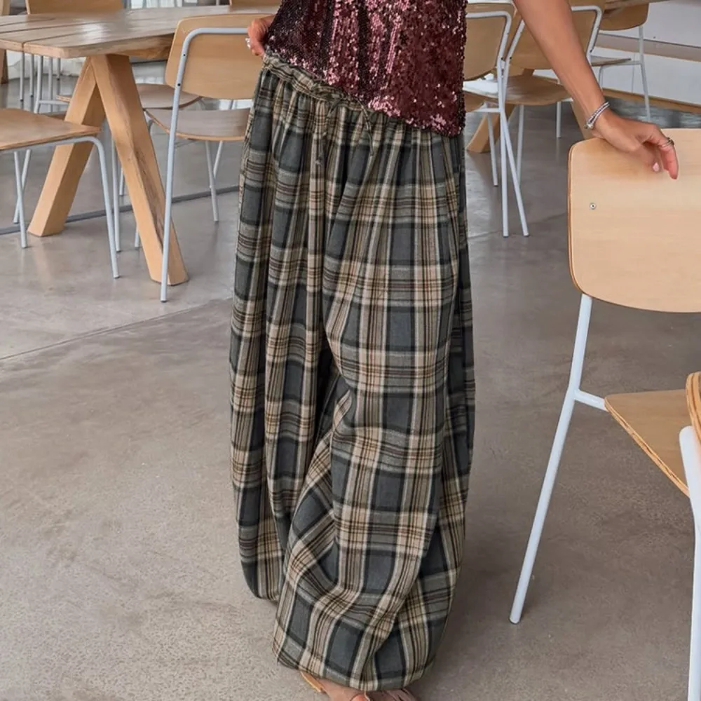 

Retro Cotton Plaid Lantern Casual Pants Spring and Summer Women Trend Loose Soft High Waist Lace Up Street Dance Versatile Pants