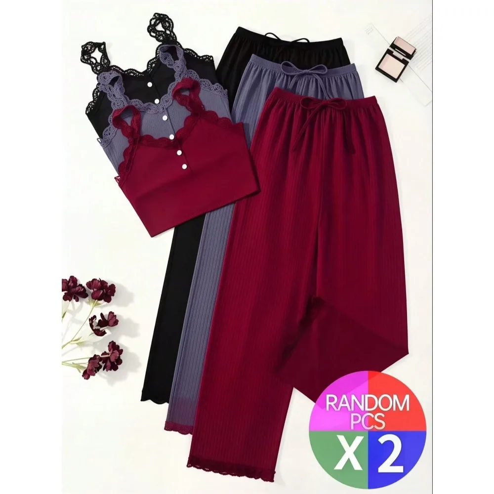2 Sets (4Pcs) Women's Comfort Knitted Pajamas, Sexy Sleepwear Top & Pants Set, Available In Various Colors