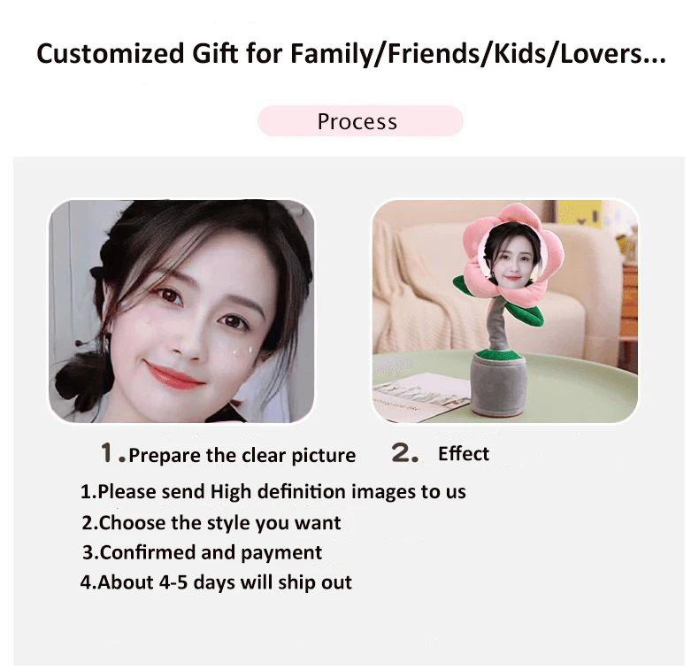 Aangepaste foto bloem cadeau kerst verjaardagscadeau zingen dansen zonnebloem DIY speelgoed 120 nummers herhalen praten record spreken