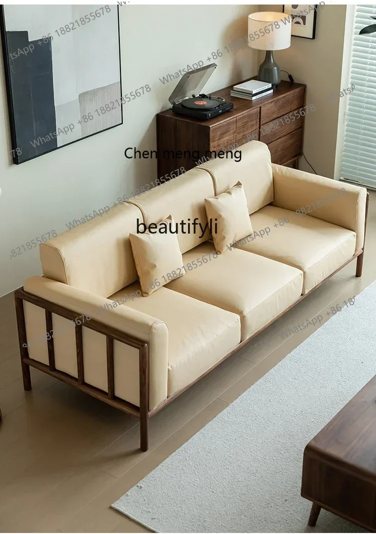 

Black Walnut Solid Wood Sofa Genuine Leather Nordic Living Room Sofa Three Four-Seat Wooden Frame Fabric Sofa