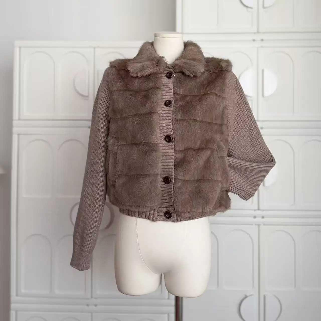 المرأة الخريف الشتاء فو المنك الشعر محبوك المرقعة واحدة الصدر معطف سيدة رفض طوق فو الفراء قصيرة أبلى #3