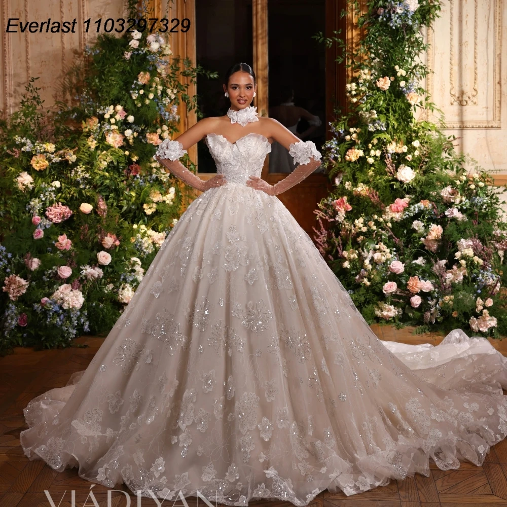 

EVLAST Customized A-Line 3D Floral Wedding Dress 2025 Strapless Applique Beaded Vestido De Novia Bridal Gown Robe De Marie TBD14