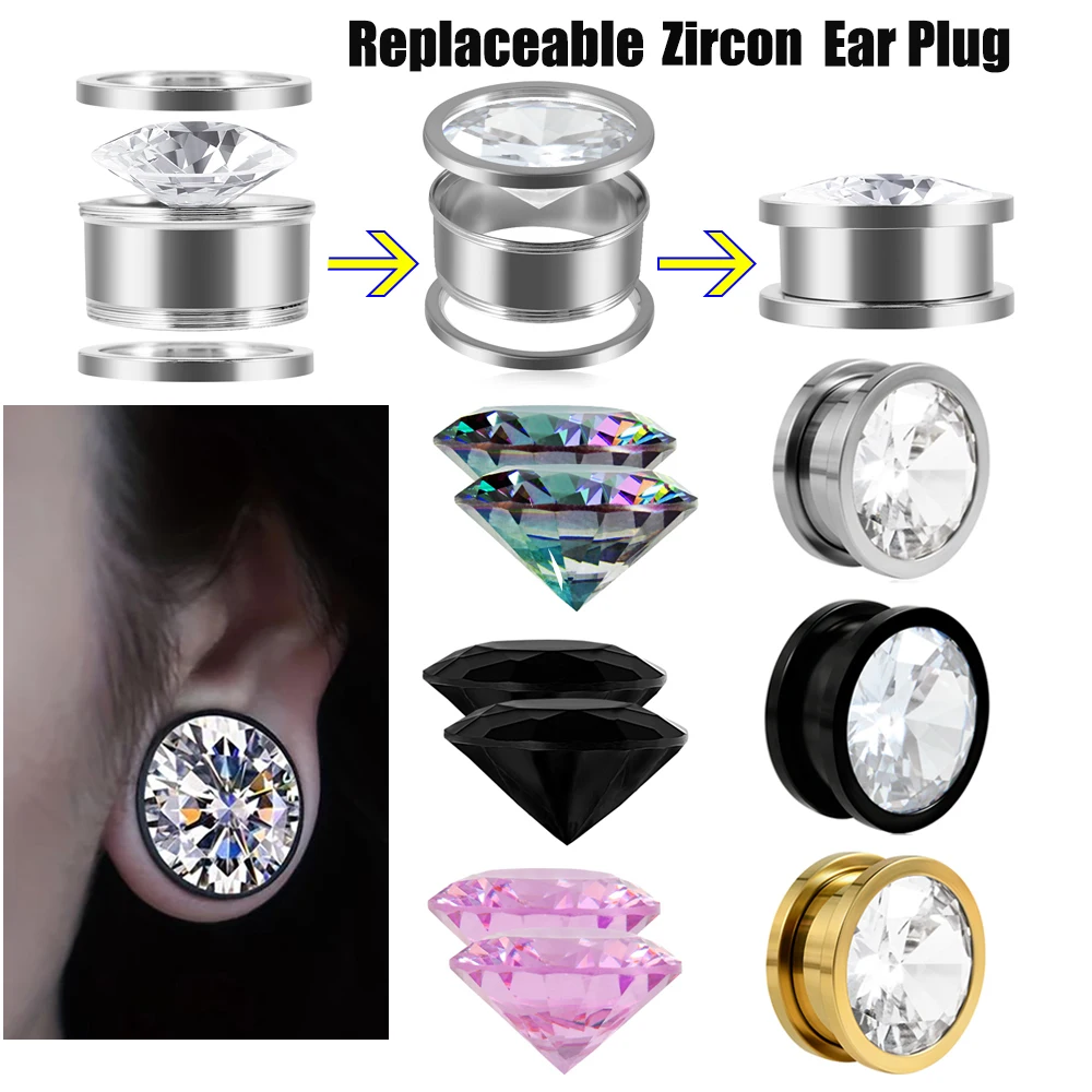 1 Set of 4 Pairs Color Zircons and 1 Pair Surgical Ear Tunnels Ear Stretcher Gauge Plug Ear Lobe Expander Piercing Jewelry