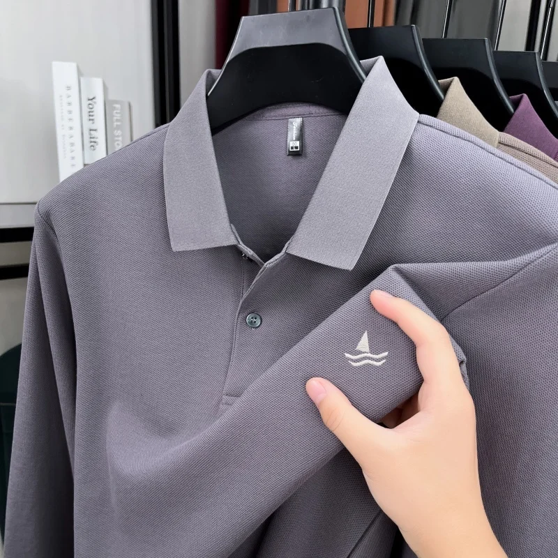 100% pure cotton light luxury brand men's long sleeved polo shirt spring autumn fashion sailboat embroidery top boutique T-shirt