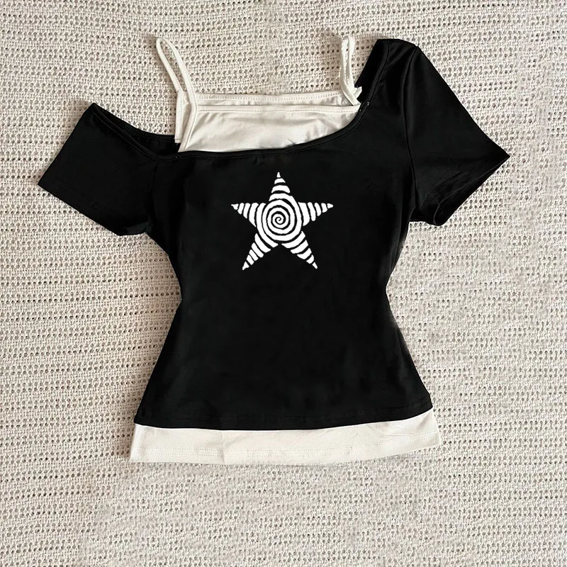 Women's Harajuku 2025 Summer Casual T-Shirt Y2K Retro Streetwear Halter Neck Print Fake Two-Piece Set Fashionable Street Style