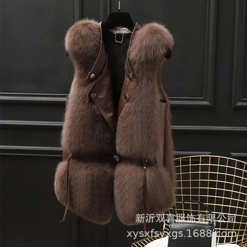 Feminino falso pele de raposa colete casacos sólidos jaquetas emendadas decote em v sem mangas único breasted grosso pele quente casual 2025 outono inverno