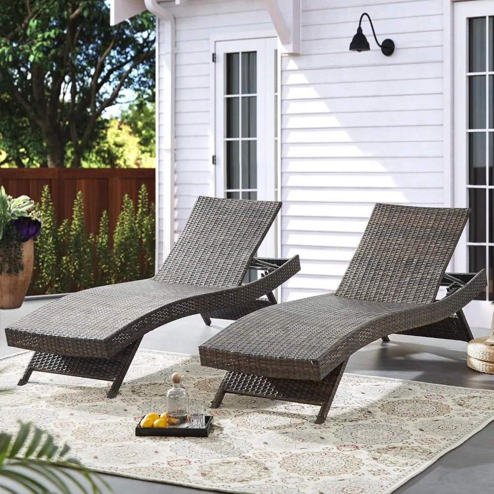 "Outdoor Double Reclining Chaise Lounge Set, PE Rattan Material with 5 Adjustable Backrest Levels and Weatherproof Wick"