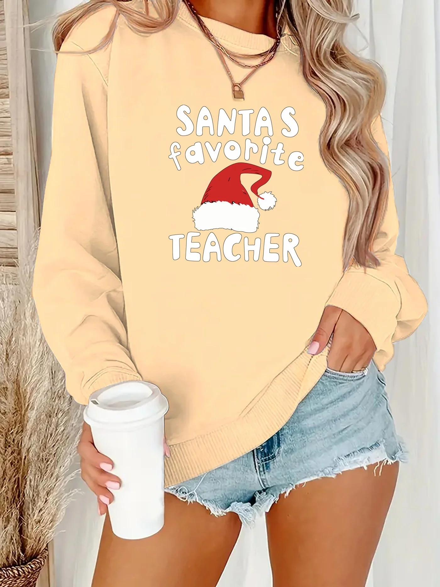 Women's Santa's Favorite Teacher Christmas Sweatshirt - Festive Holiday Gray Crewneck Pullover for Educators