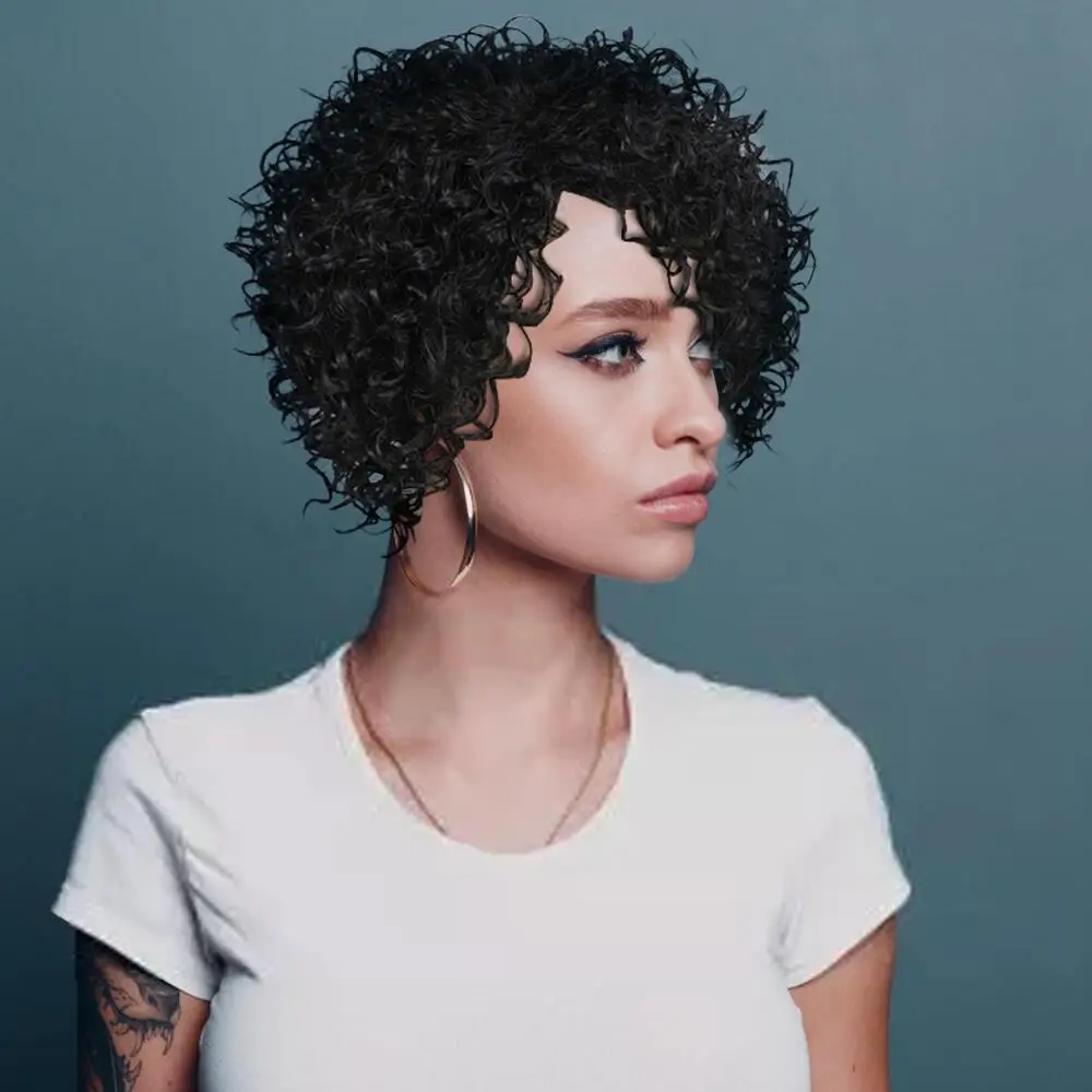 Style Black Curly Hair Synthetic Wigs for Women Short Kinky