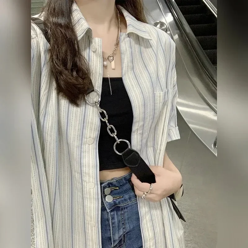 Été 2025 rayé Vertical mince femmes chemise dames doux chemise décontractée femme ample col Polo demi manches haut femme