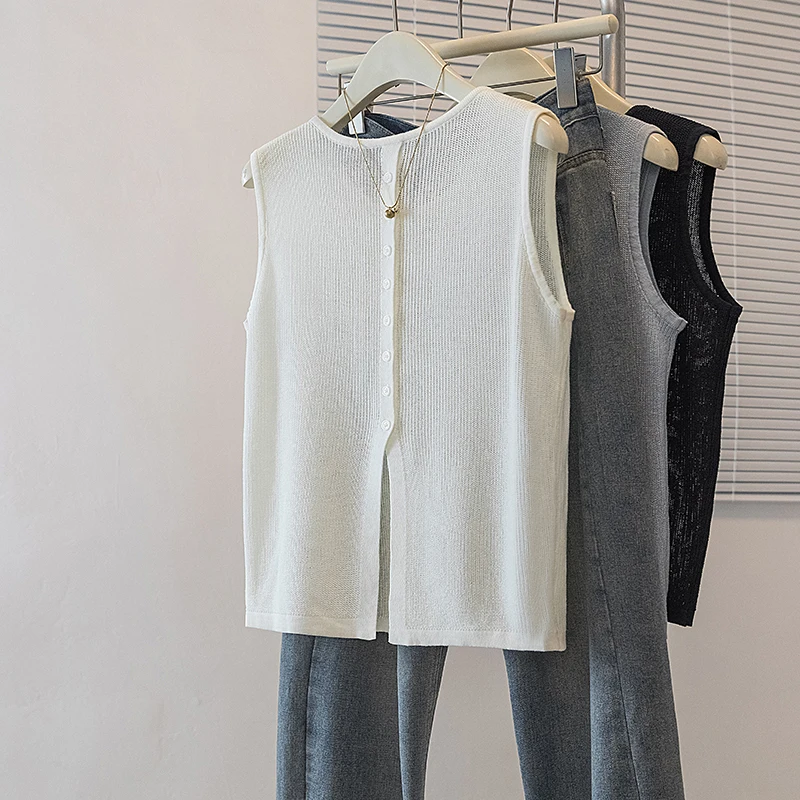 Korean Design Thin Backless Sleeveless Knitted Vest Women's Summer Fashionable Slimming Breathable Cotton Polyester Blend T-S...