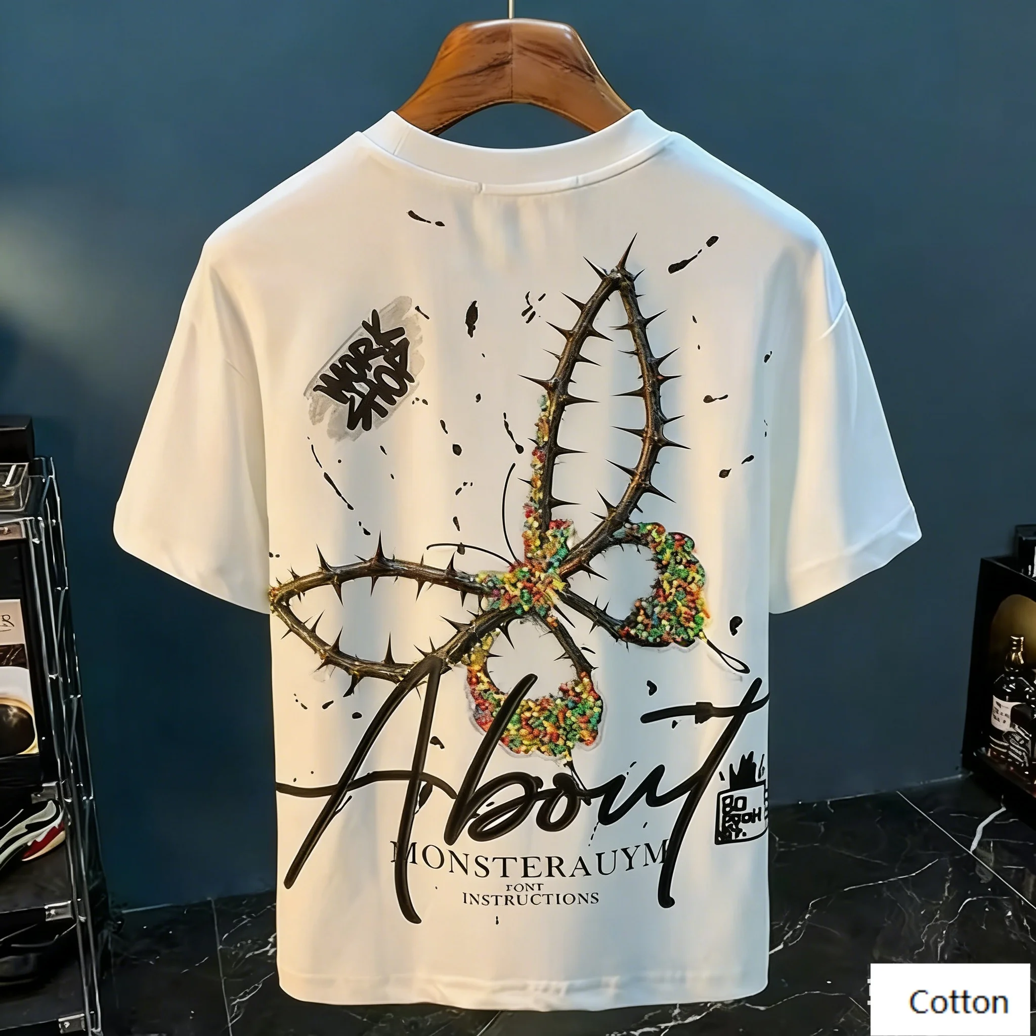 Camiseta con gráfico de araña espinosa y partículas coloridas, camiseta de algodón puro con estampado artístico de tinta, estilo streetwear vanguardista