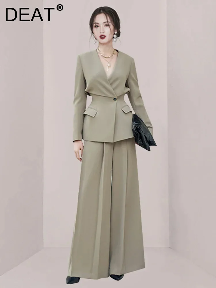 DEAT Elegant Wide Leg Pants Sets Long Sleeve V Neck Blazer Gathered Waist Loose Elegant Office Lady Sets Spring New 2024 15G7152